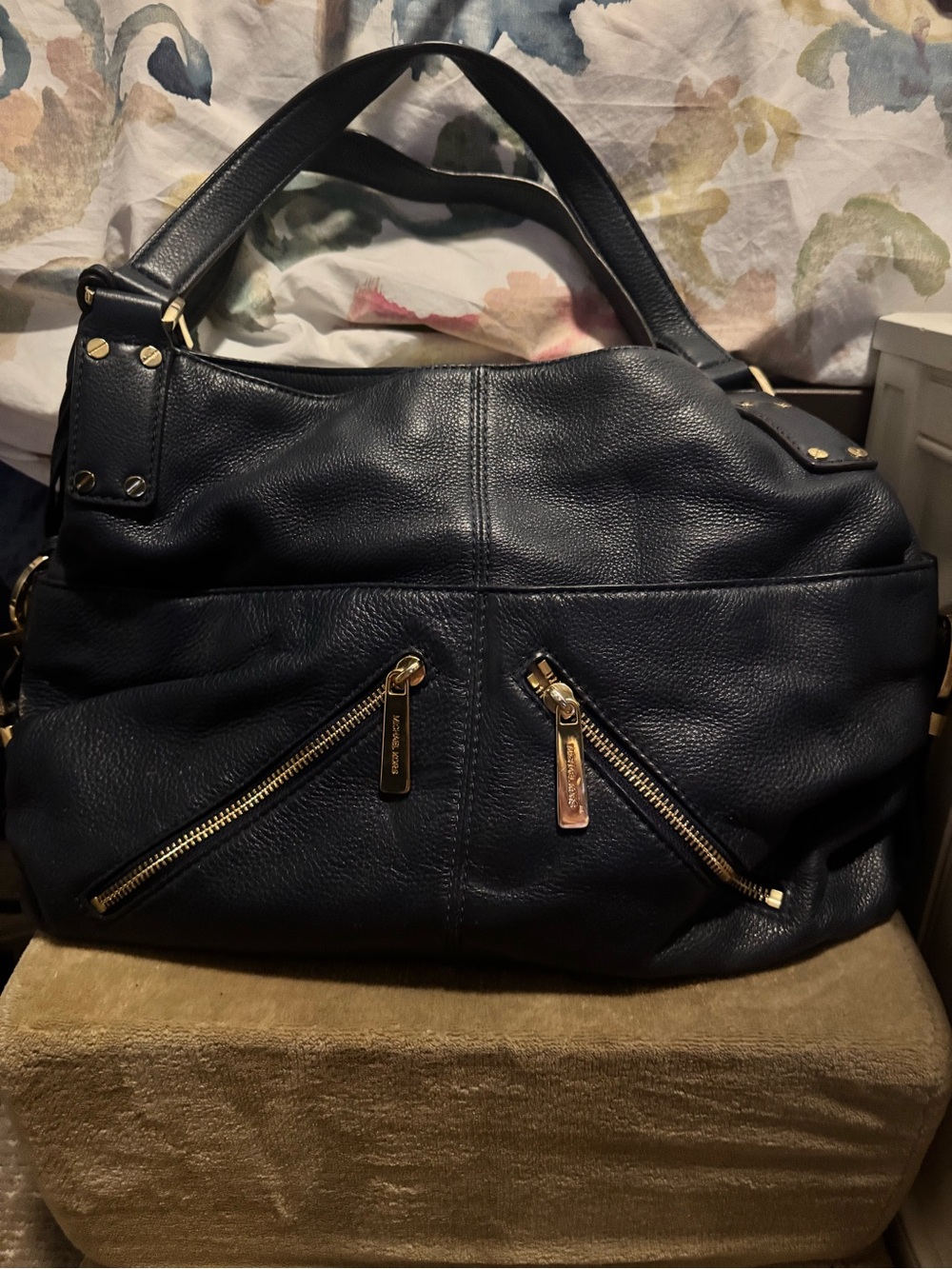 Michael Kors Navy Leather Shoulder Bag with Gold Hardware